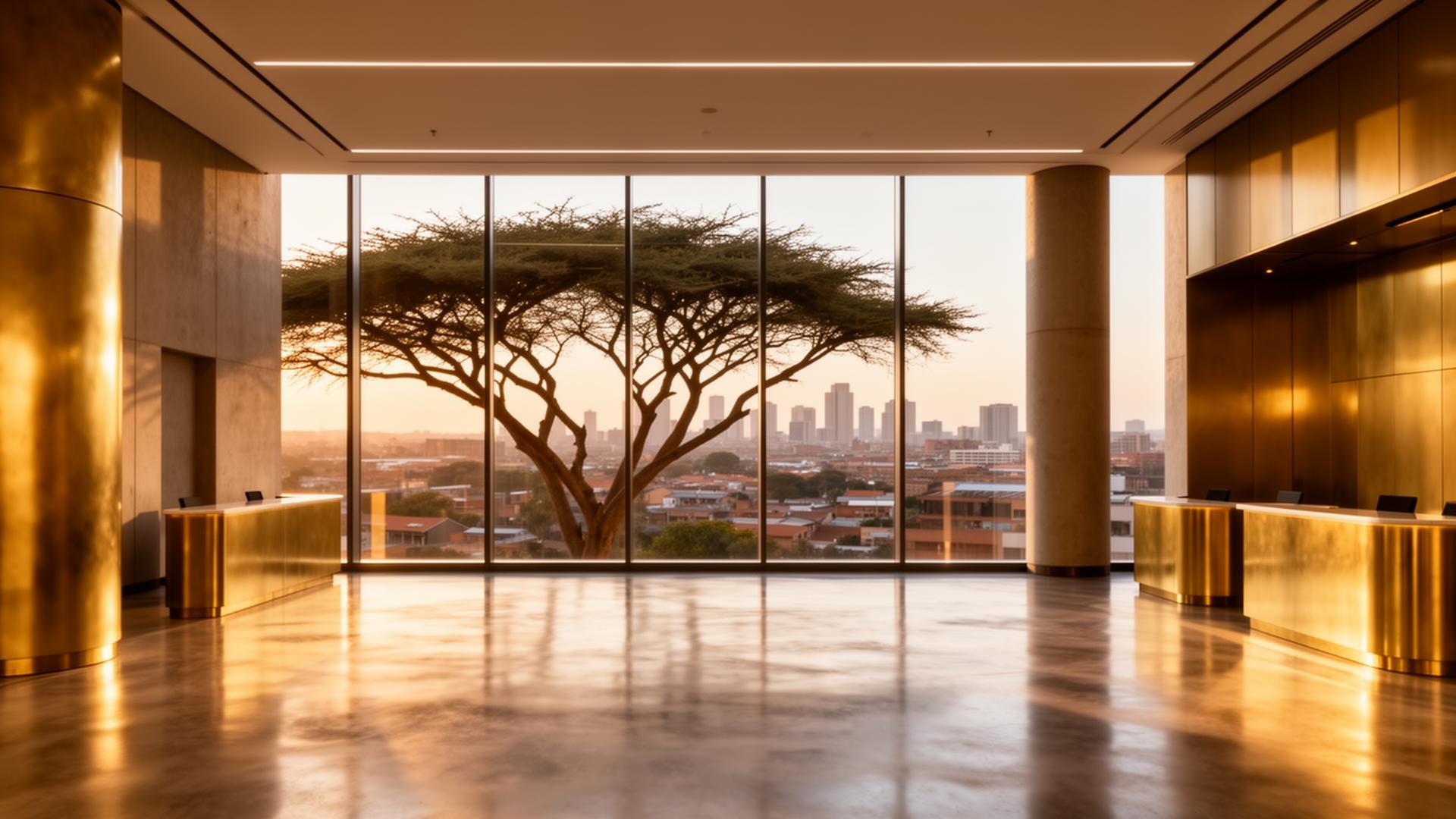 South African corporate lobby at golden hour